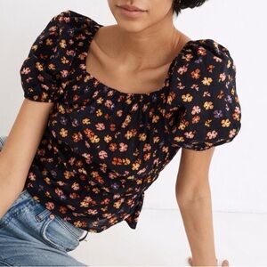 Madewell  Puff-Sleeve Square Neck Smocked-Waist in Aloha Floral Crop Top S